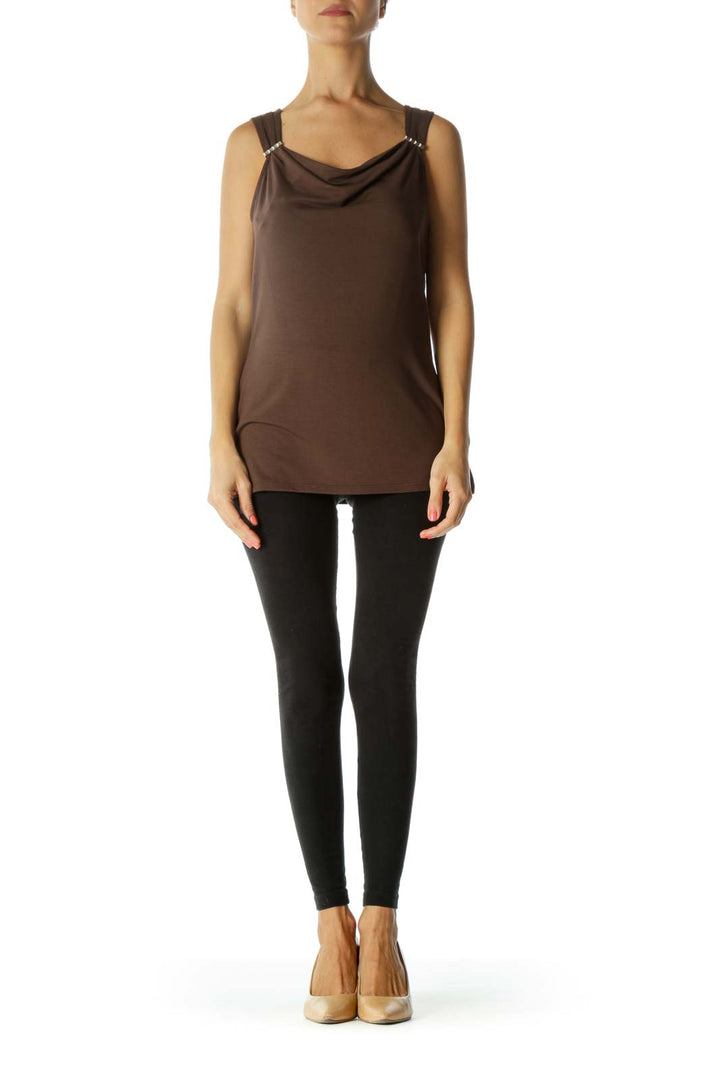 Brown Metallic Jewel Neckline Top