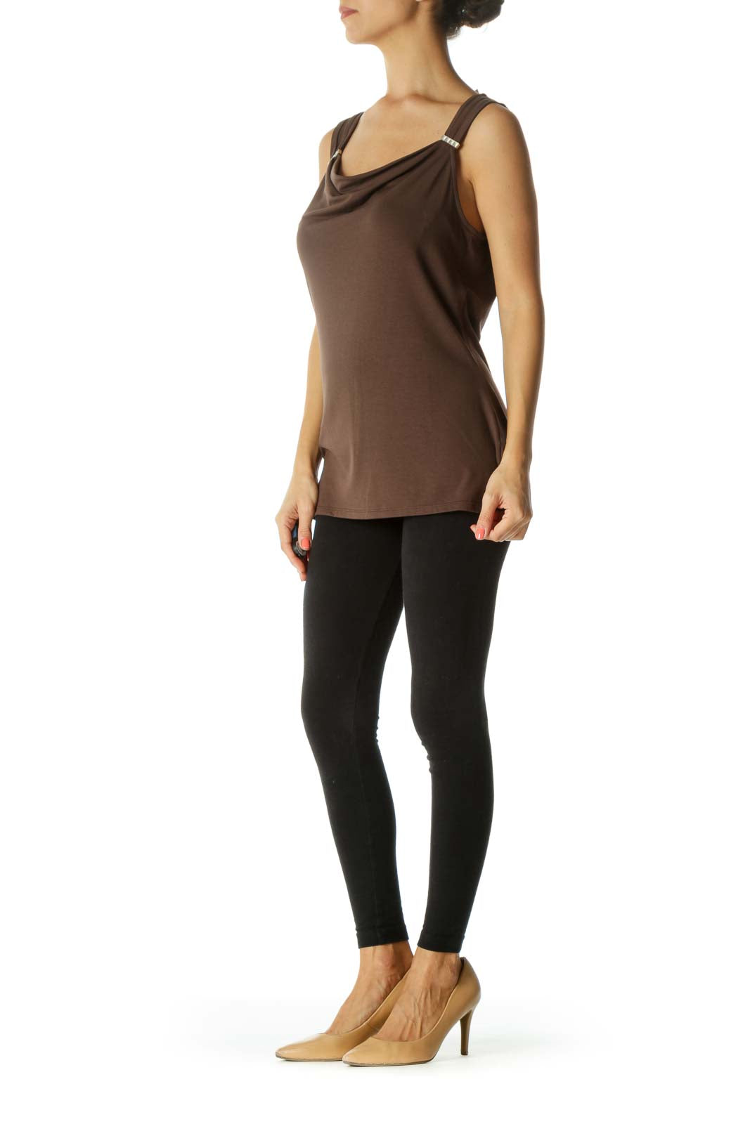 Brown Metallic Jewel Neckline Top