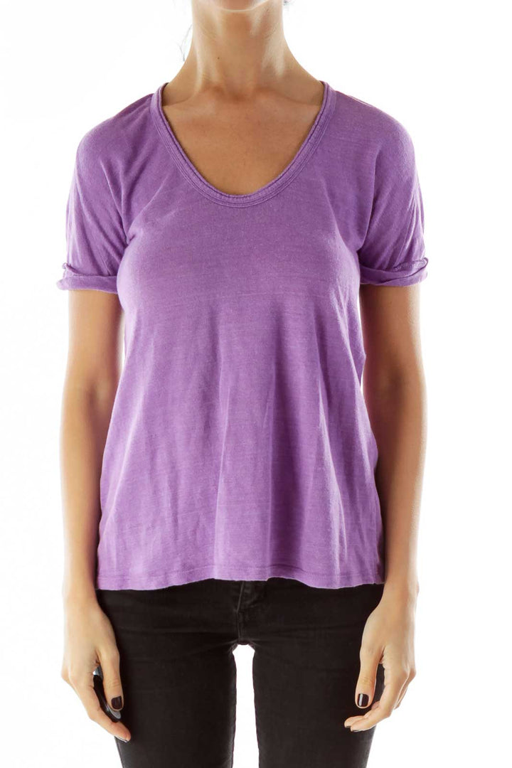 Purple Round Neck Linen T-shirt