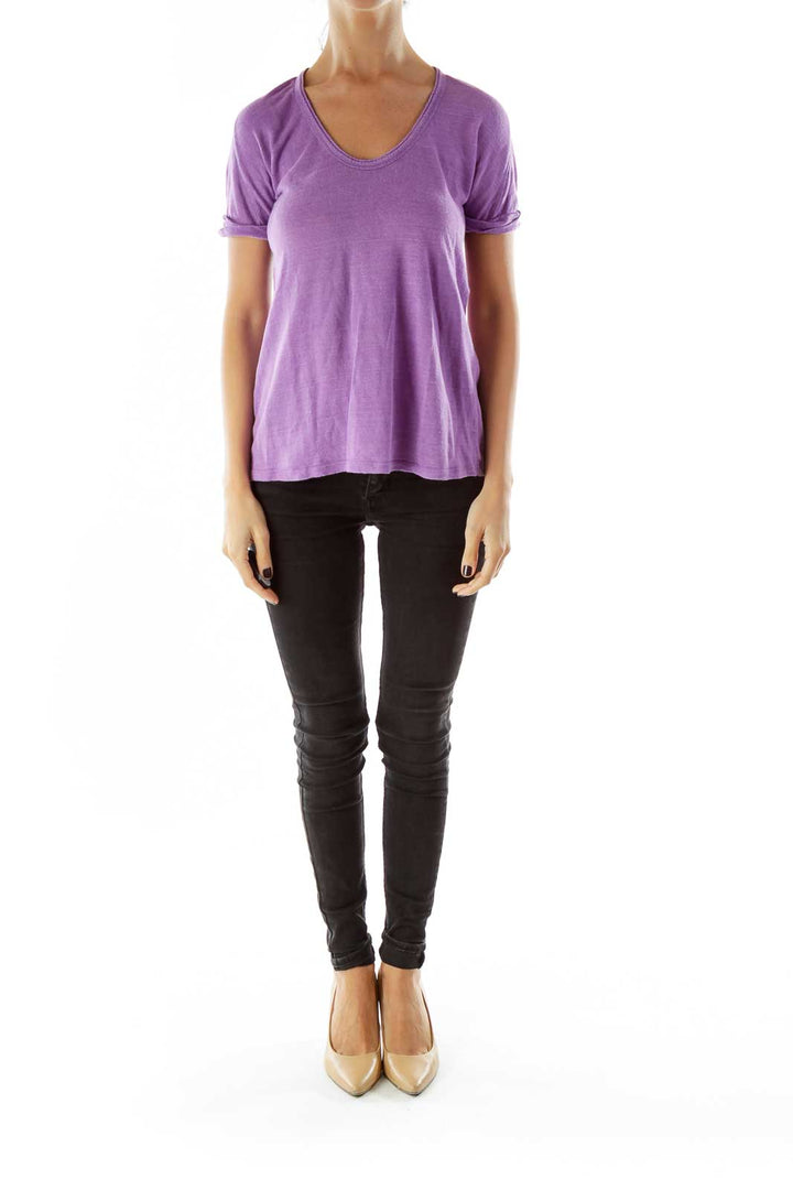 Purple Round Neck Linen T-shirt