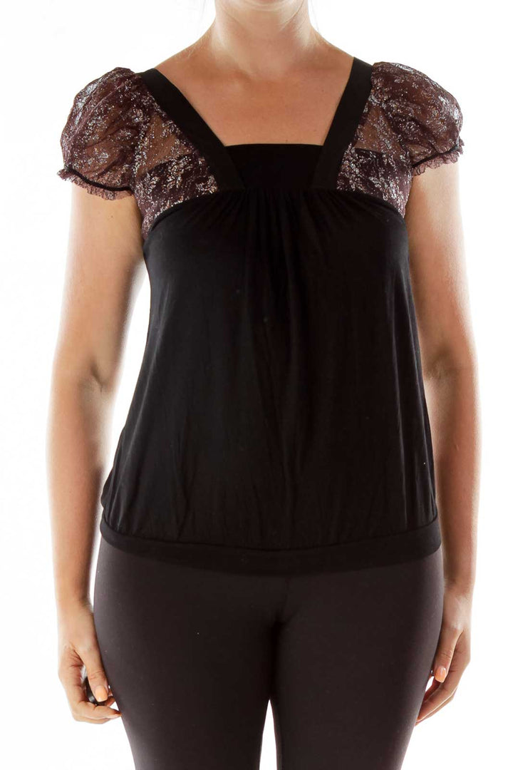 Black Brown Mesh V-neck Blouse