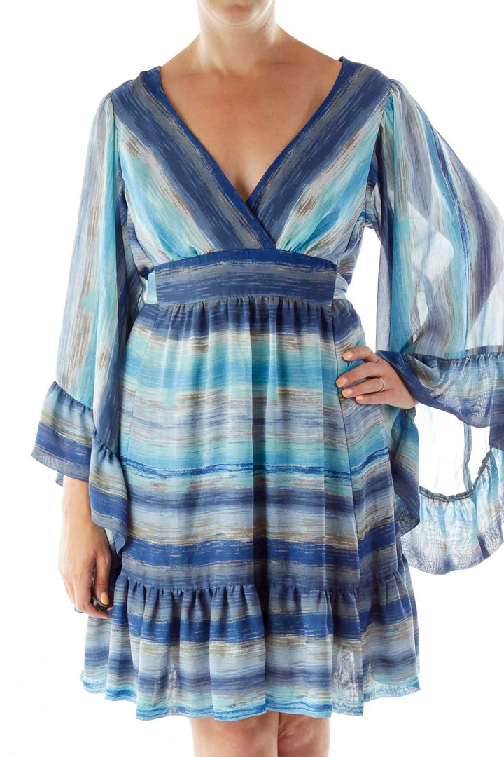 Blue Print V-neck Day Dress