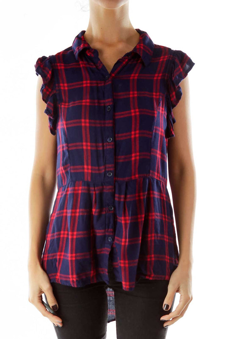 Navy Red Plaid Blouse