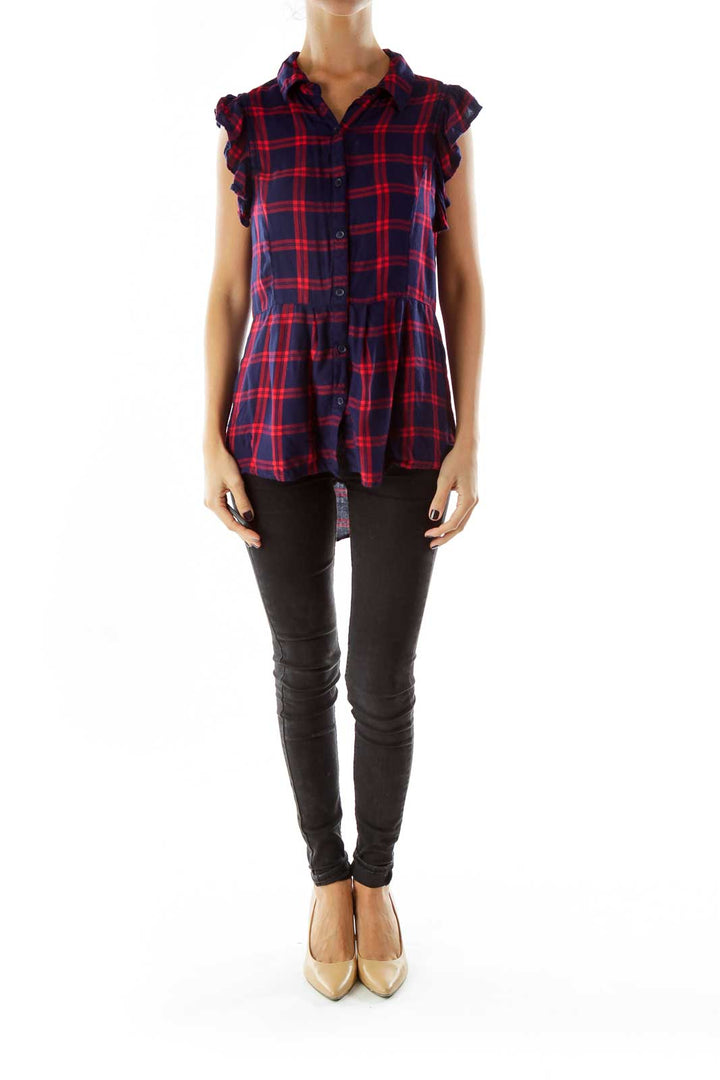 Navy Red Plaid Blouse