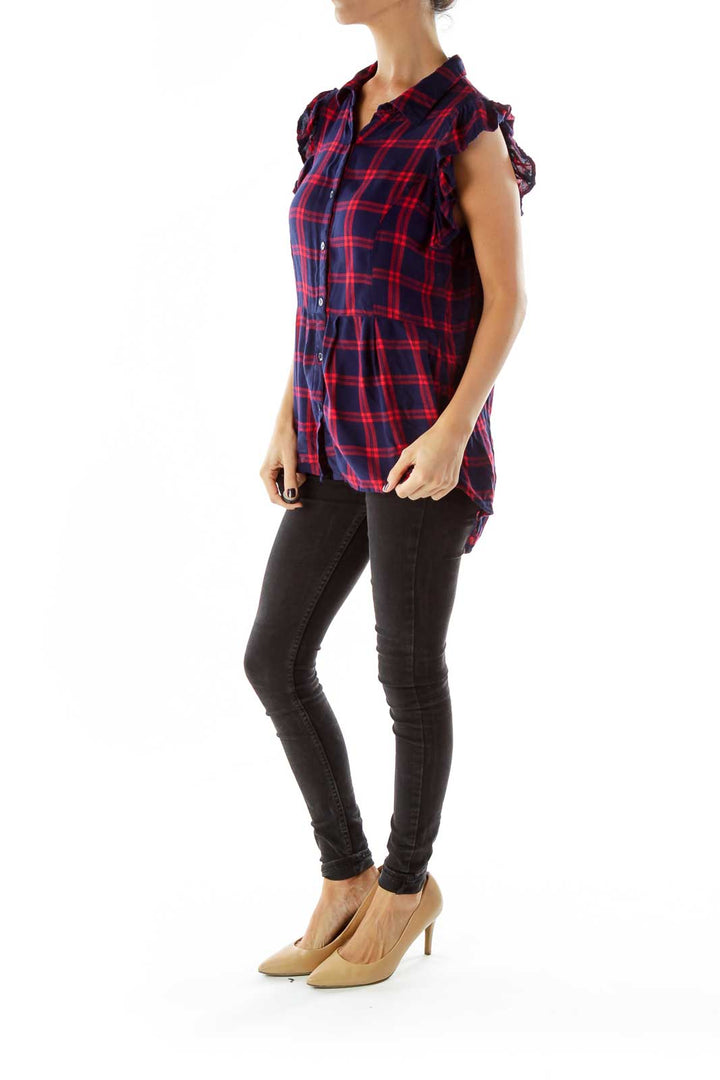 Navy Red Plaid Blouse