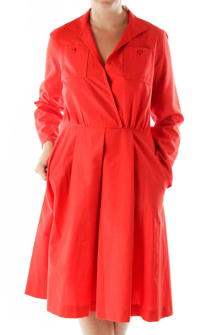 Red Collared Buttoned Pocketed Work Dress