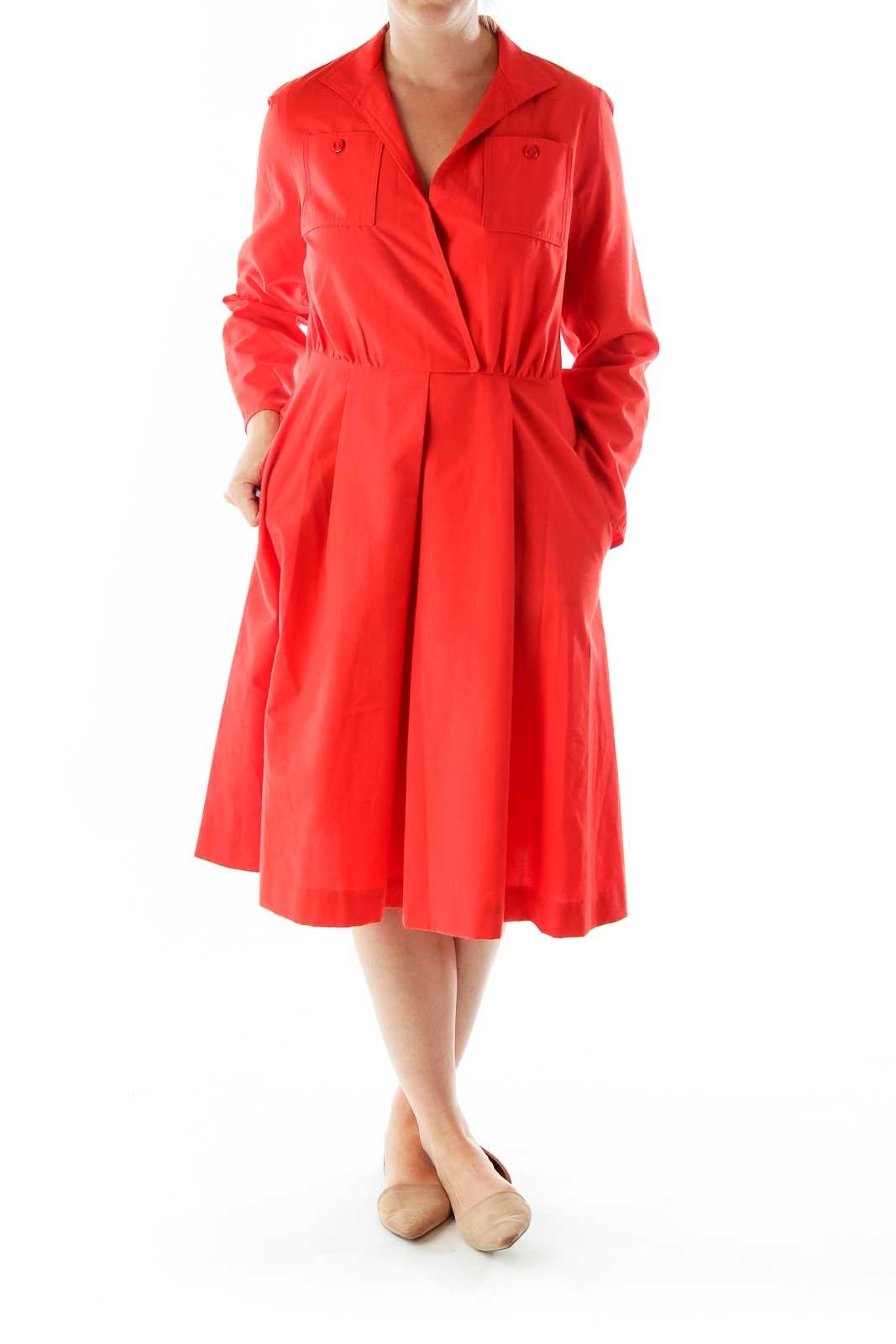 Red Collared Buttoned Pocketed Work Dress