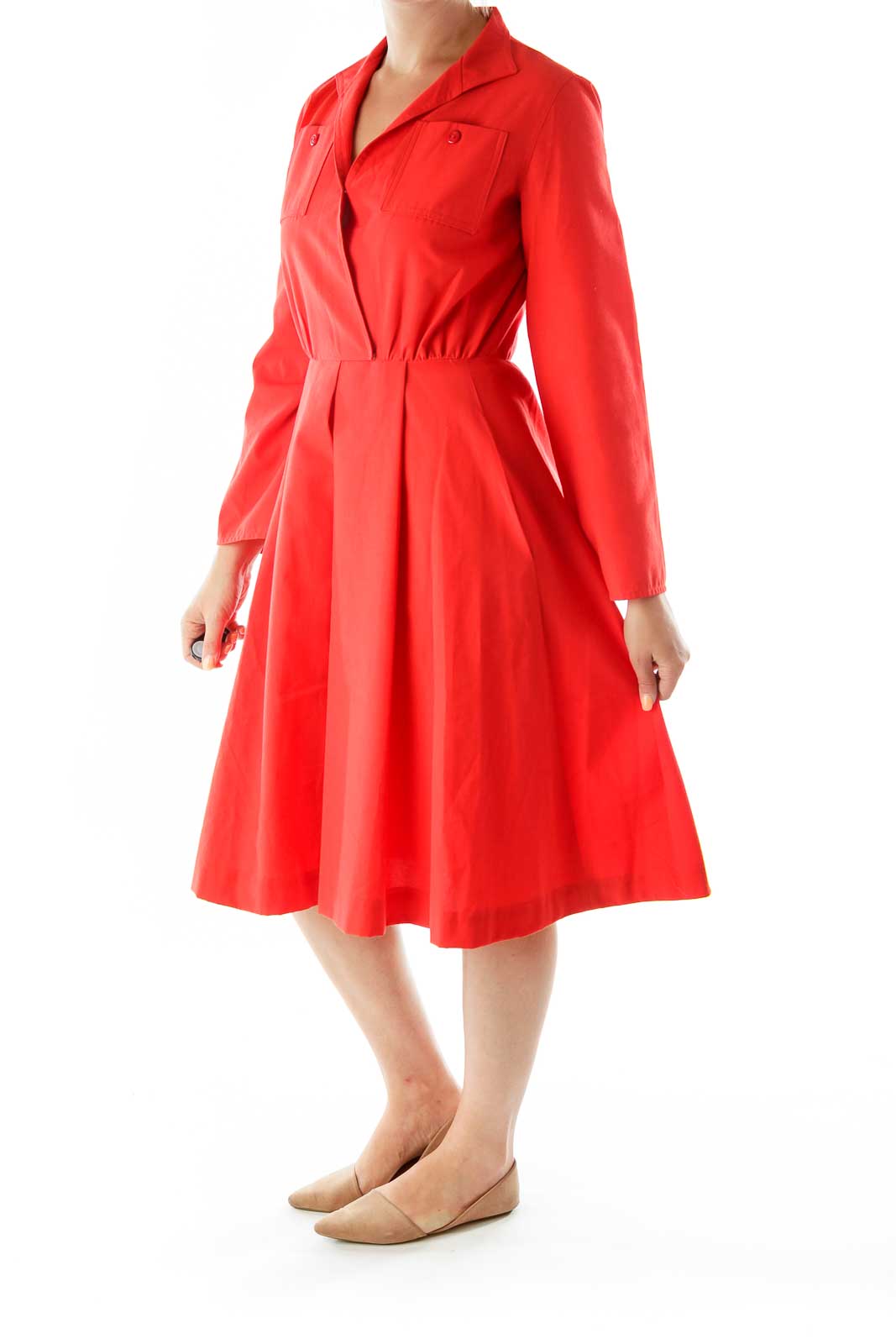 Red Collared Buttoned Pocketed Work Dress