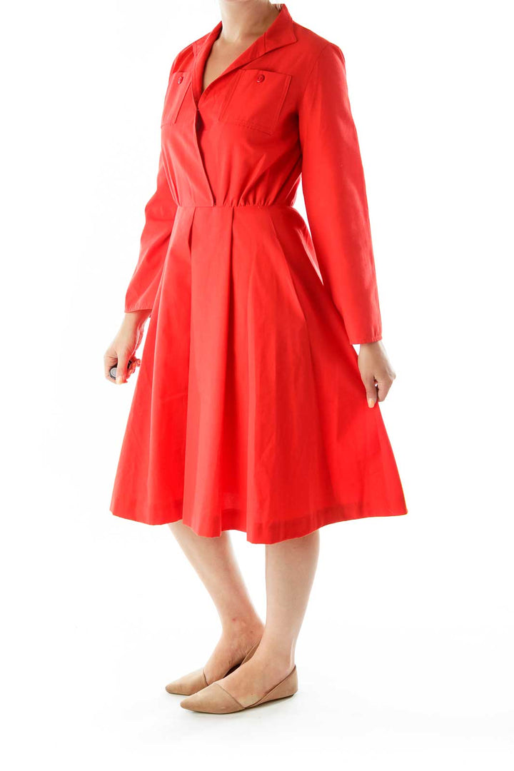 Red Collared Buttoned Pocketed Work Dress