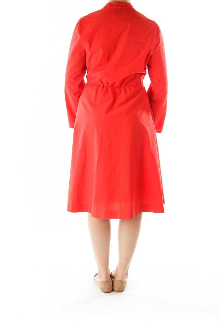 Red Collared Buttoned Pocketed Work Dress