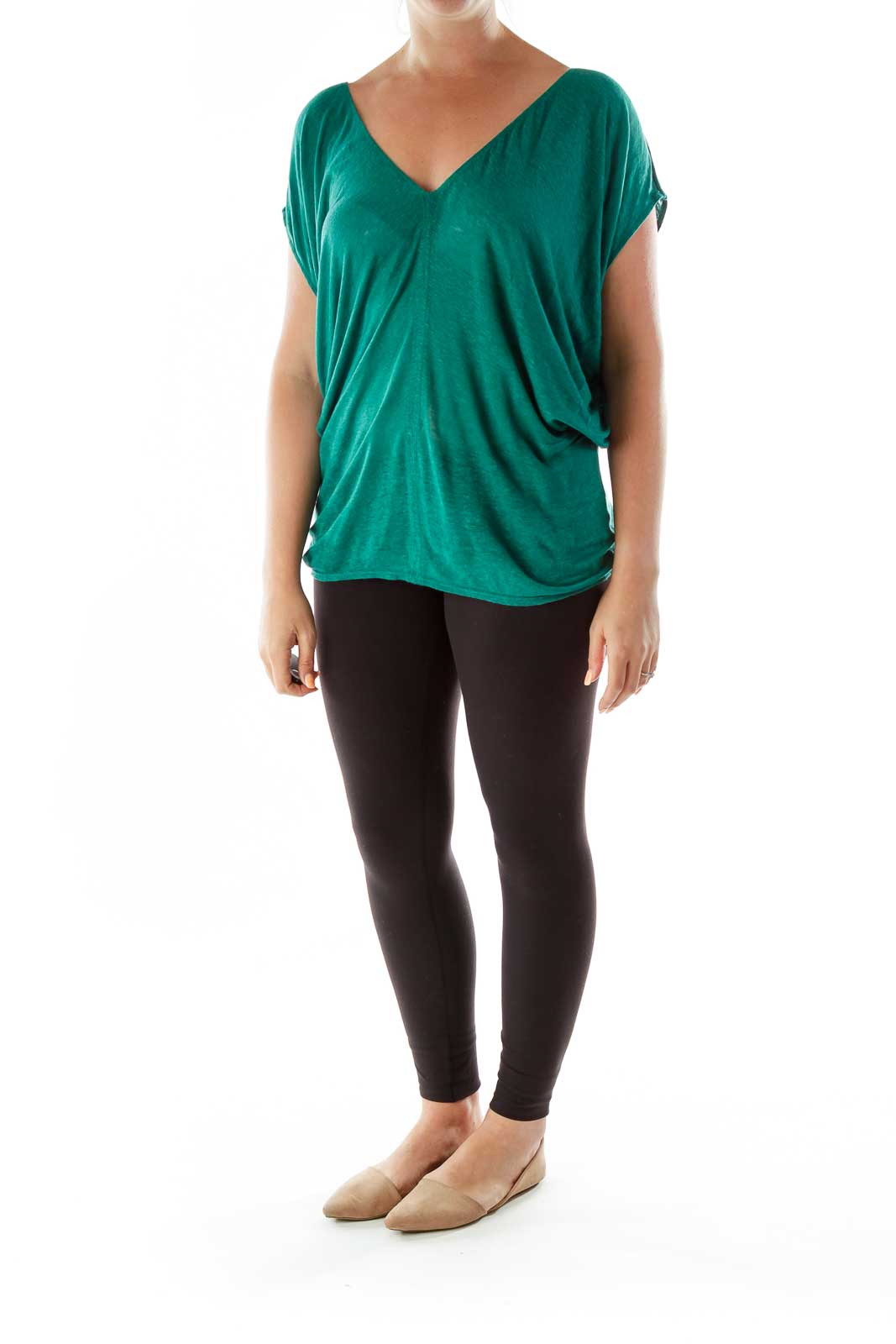 Green V-neck Bat-sleeve T-shirt