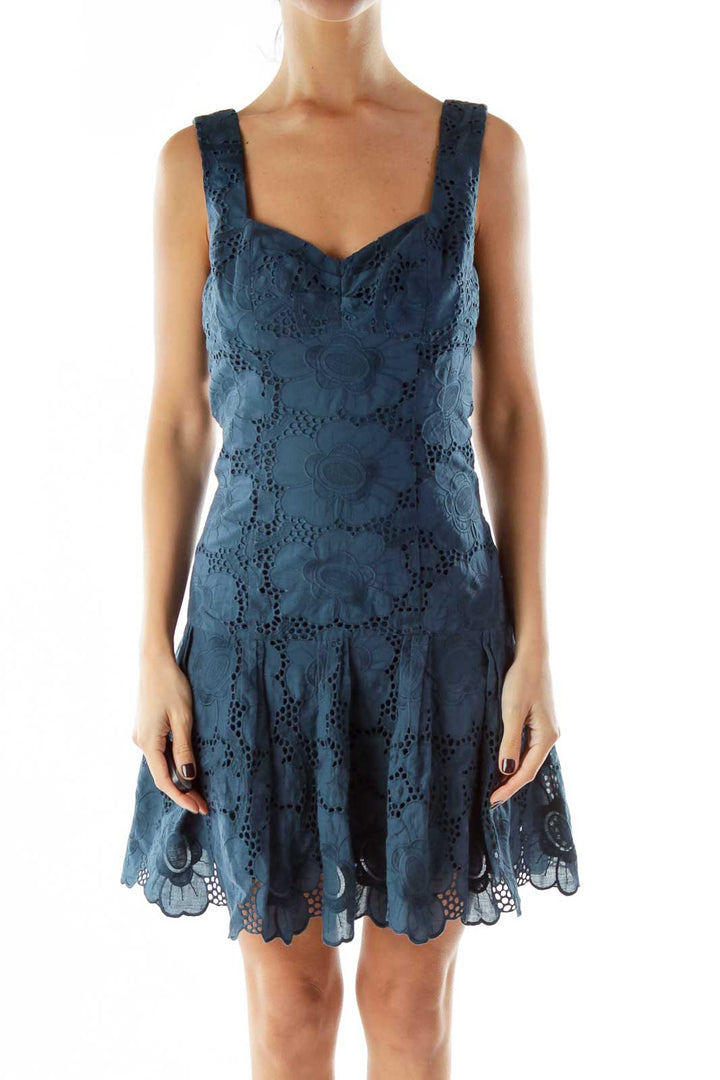 Blue Lace Pleated Straped Dress