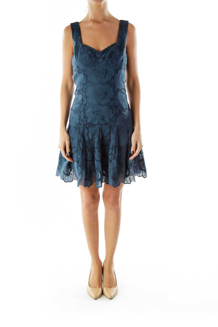 Blue Lace Pleated Straped Dress