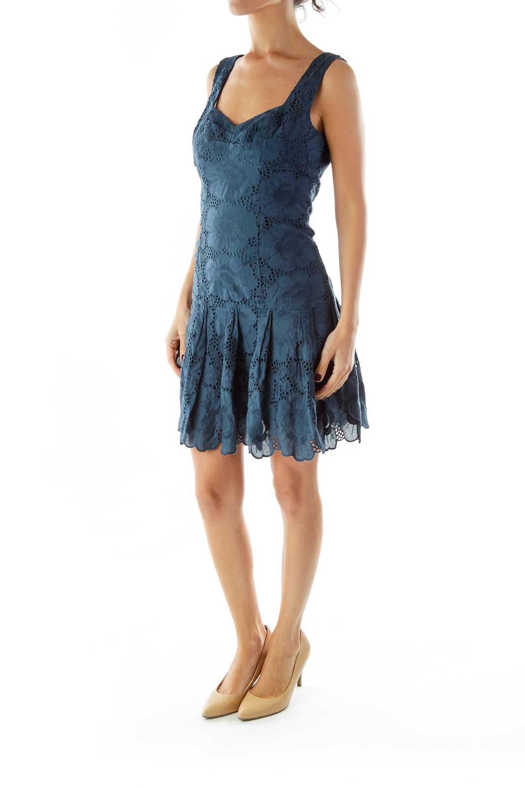 Blue Lace Pleated Straped Dress