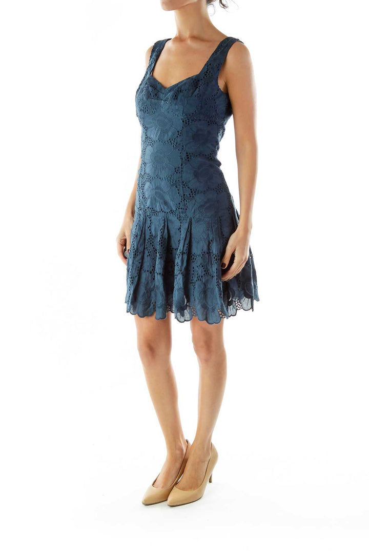 Blue Lace Pleated Straped Dress