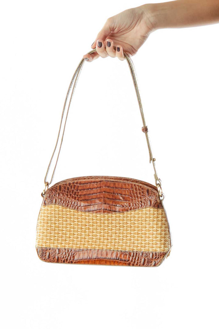 Brown Beige Alligator Woven Shoulder Bag