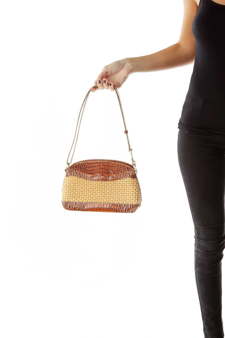 Brown Beige Alligator Woven Shoulder Bag