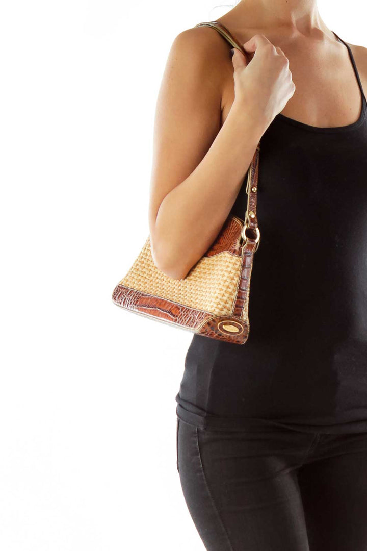 Brown Beige Alligator Woven Shoulder Bag