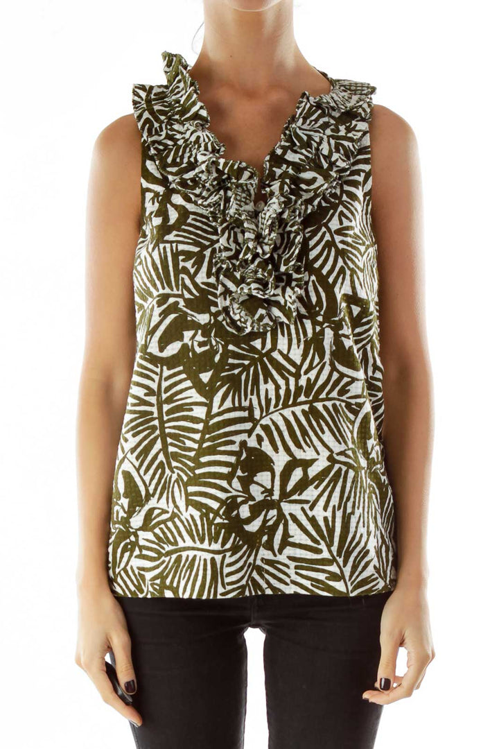 Green White Leaf Print Ruffled Tank Top