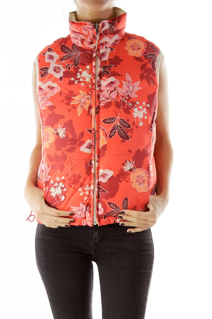 Red Floral Print Padded Vest