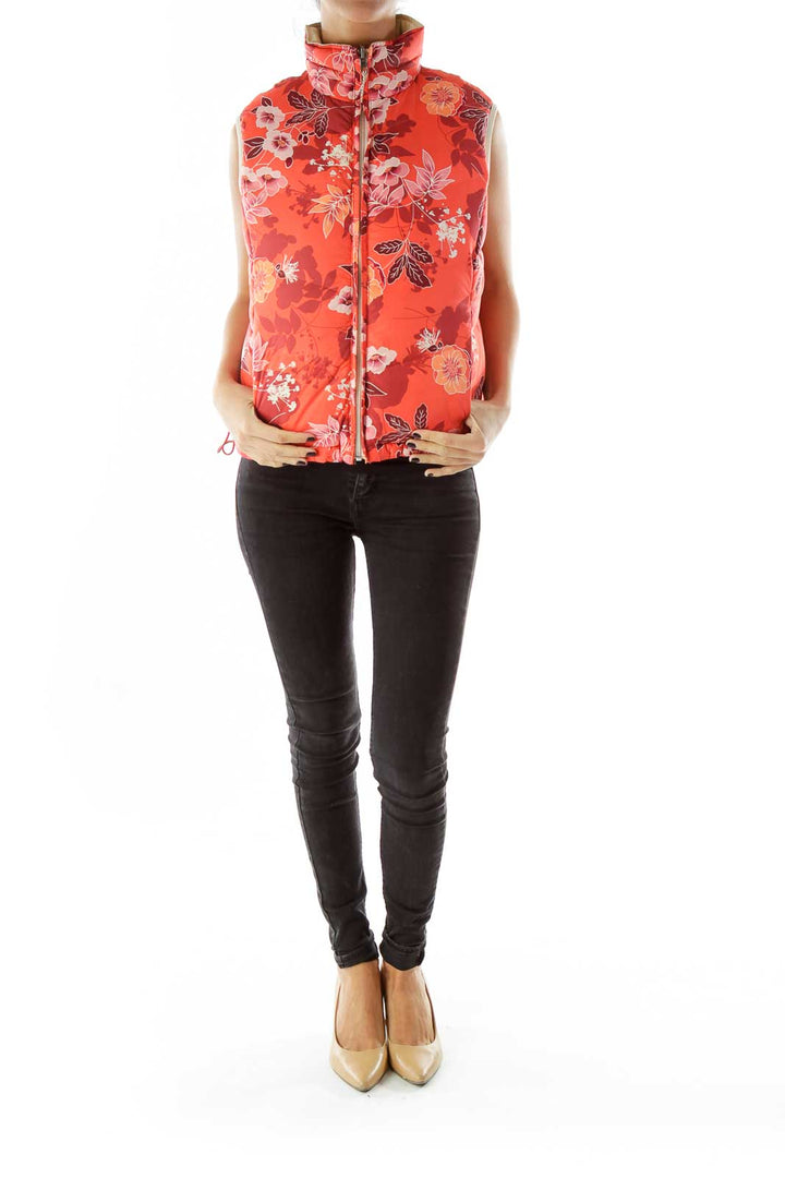 Red Floral Print Padded Vest