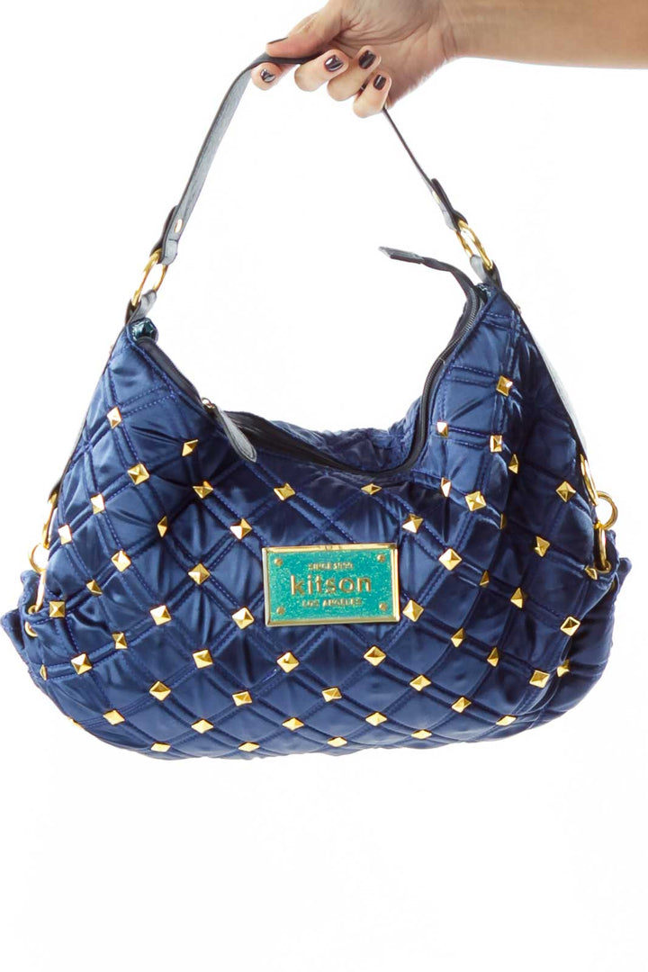 Blue Gold Studded Quilted Shoulder Bag