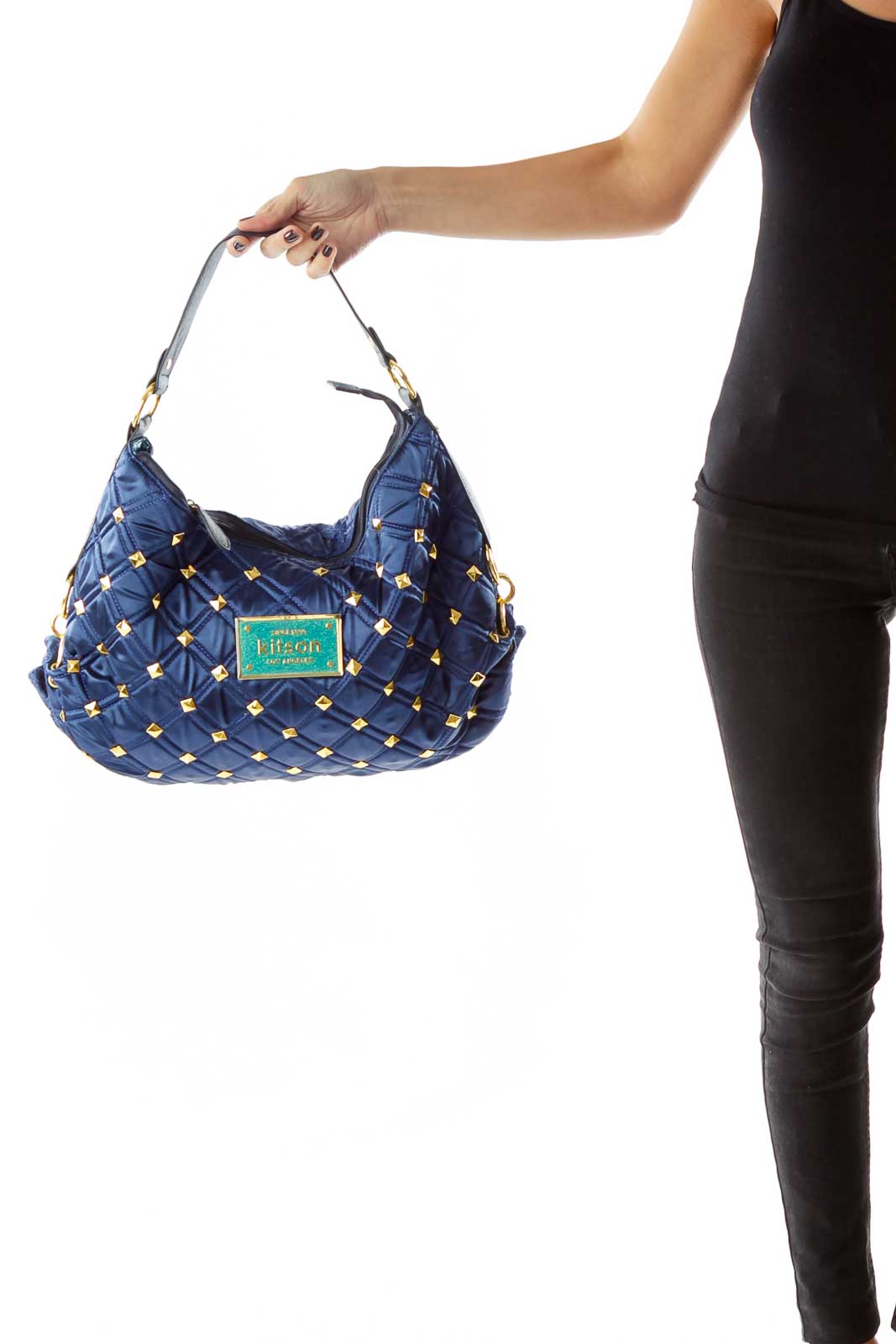 Blue Gold Studded Quilted Shoulder Bag