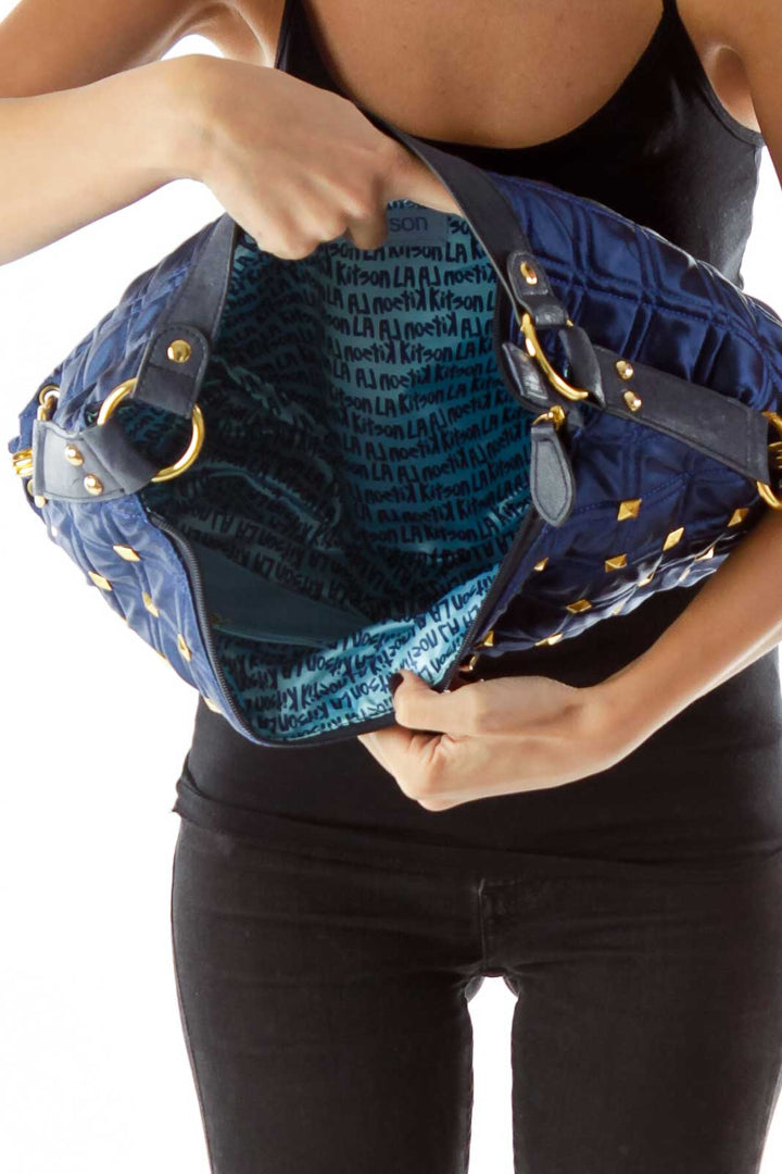 Blue Gold Studded Quilted Shoulder Bag