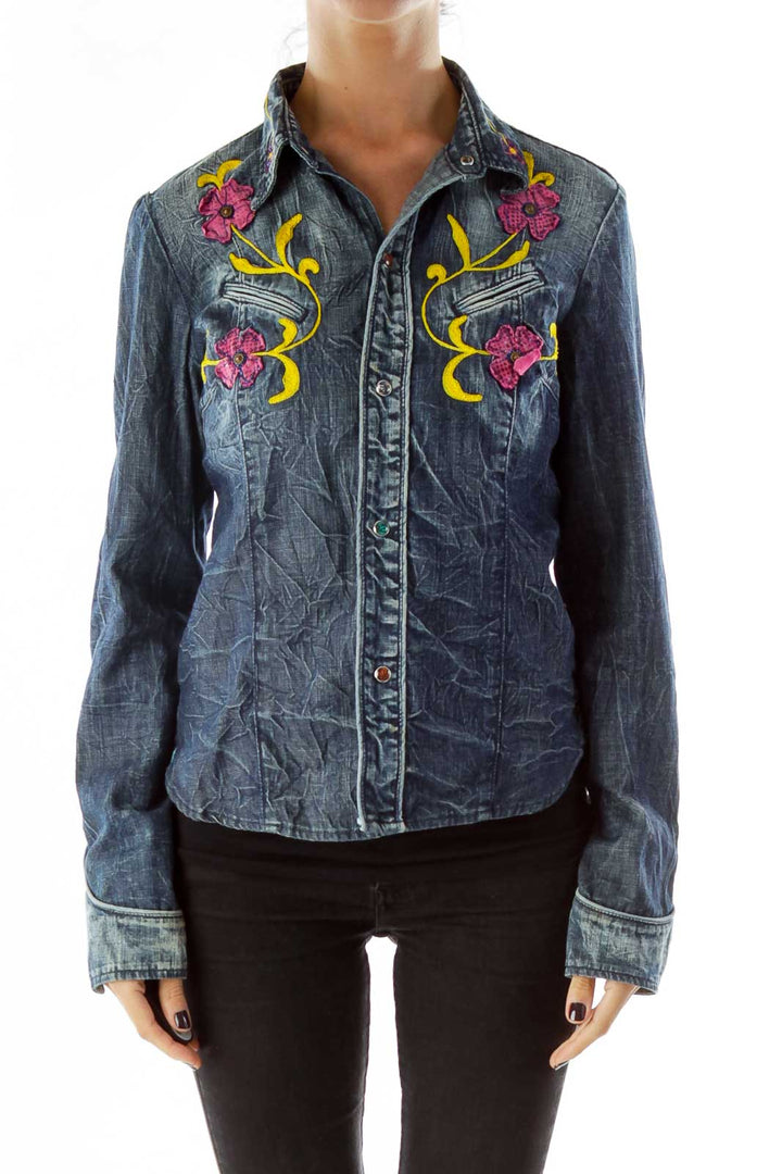 Navy Embroidered Denim Jacket