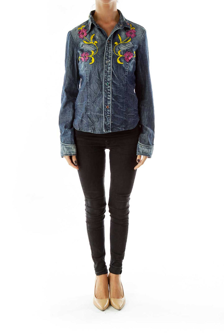 Navy Embroidered Denim Jacket