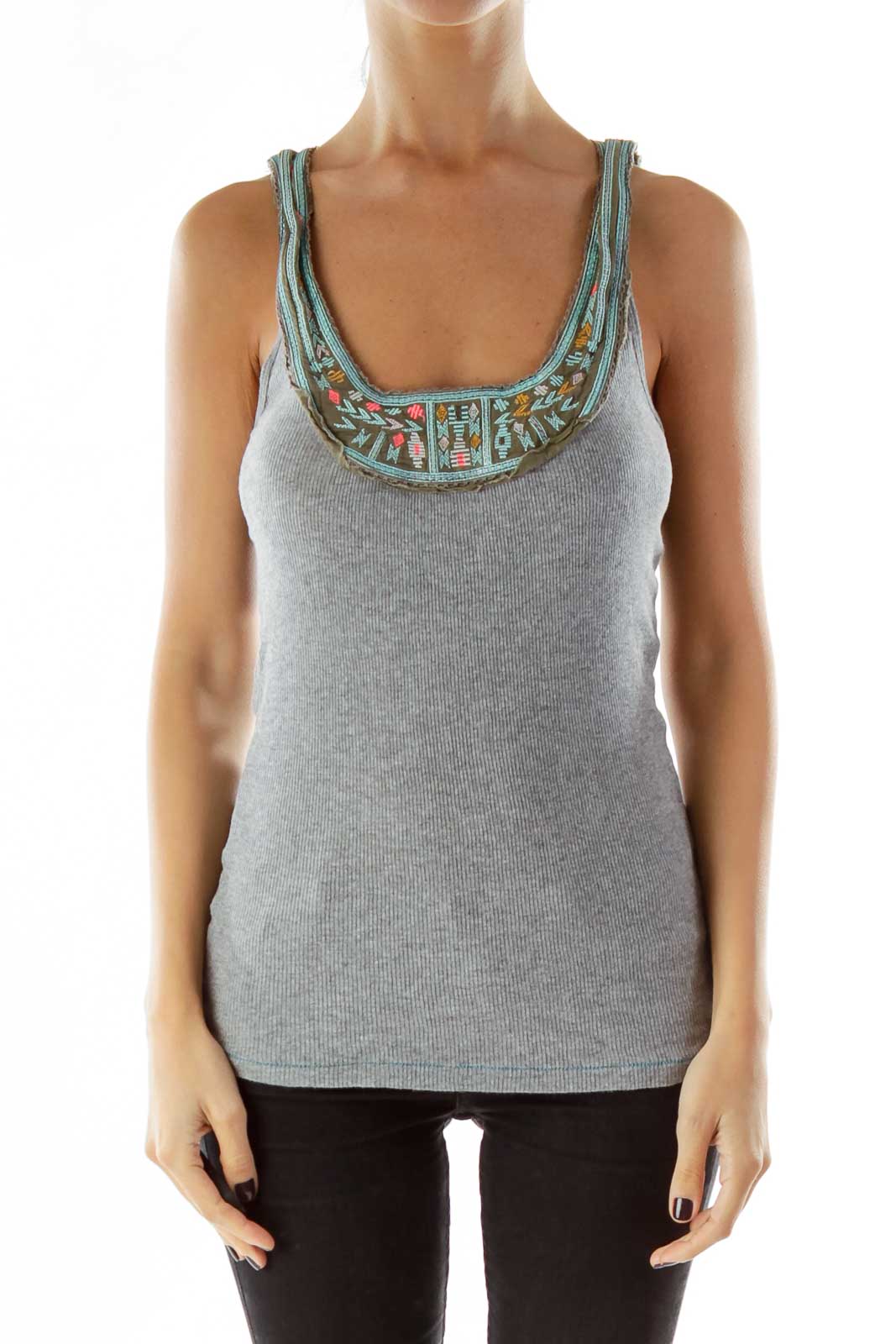 Front view of gray Free People tank top with embellished neckline