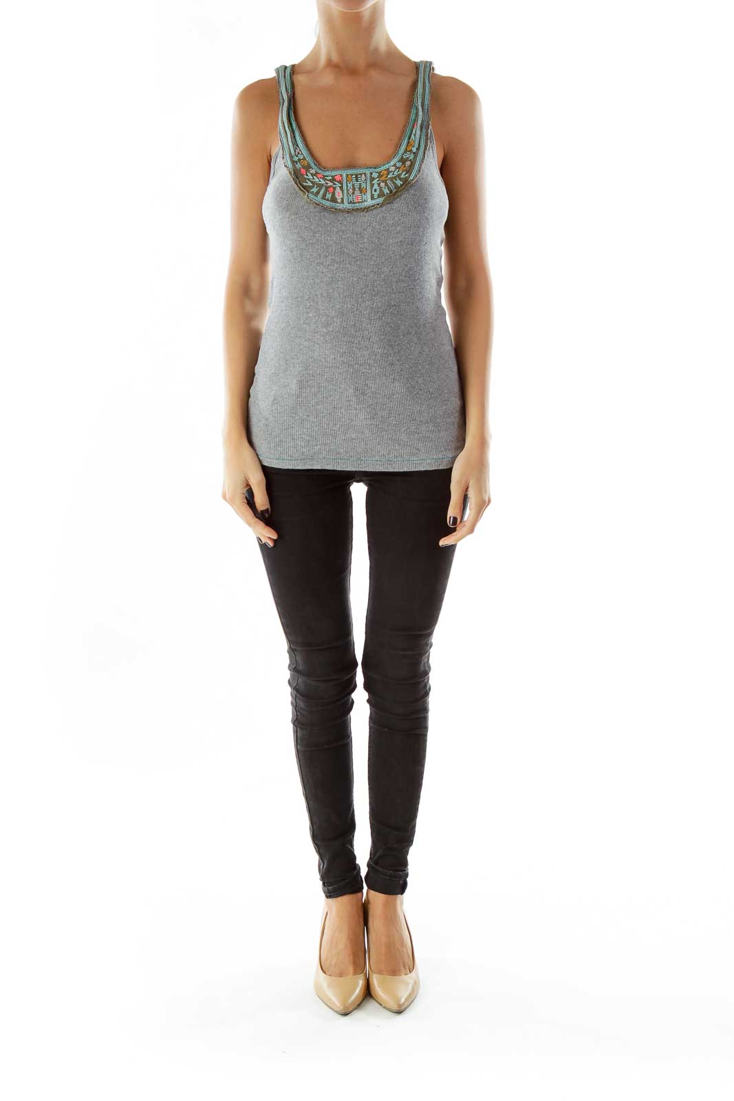 Front view of gray Free People tank top with embellished neckline