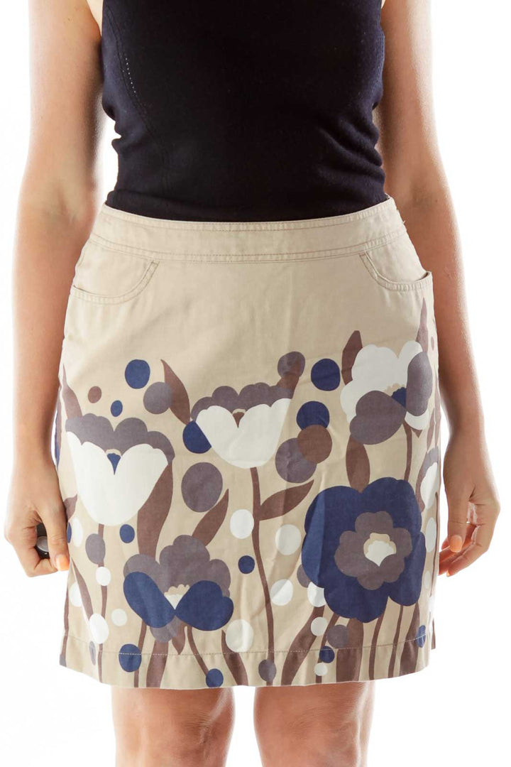 Beige Navy Brown Flower Pencil Skirt