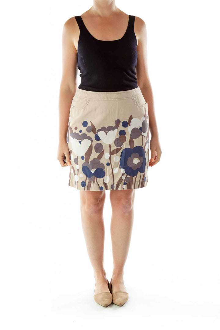 Beige Navy Brown Flower Pencil Skirt