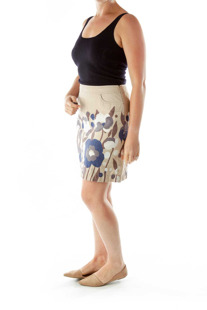 Beige Navy Brown Flower Pencil Skirt