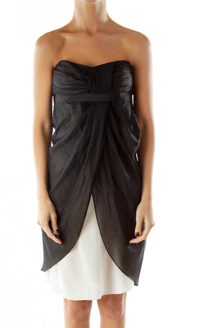 Black White Sheer Strapless Belted Dress