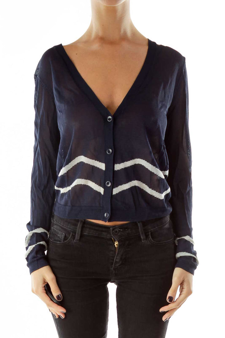 Navy White Striped See-Through Cardigan