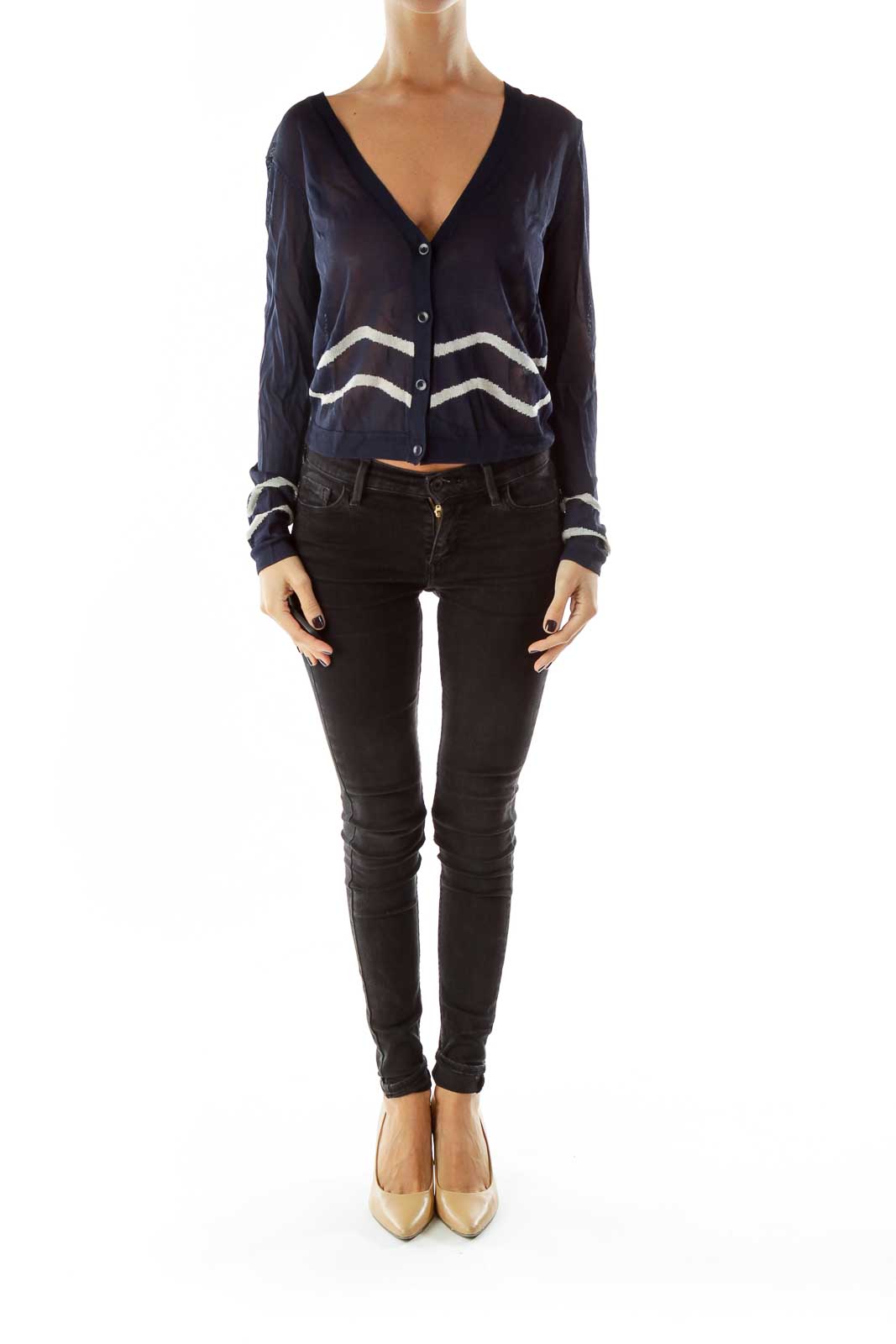 Navy White Striped See-Through Cardigan