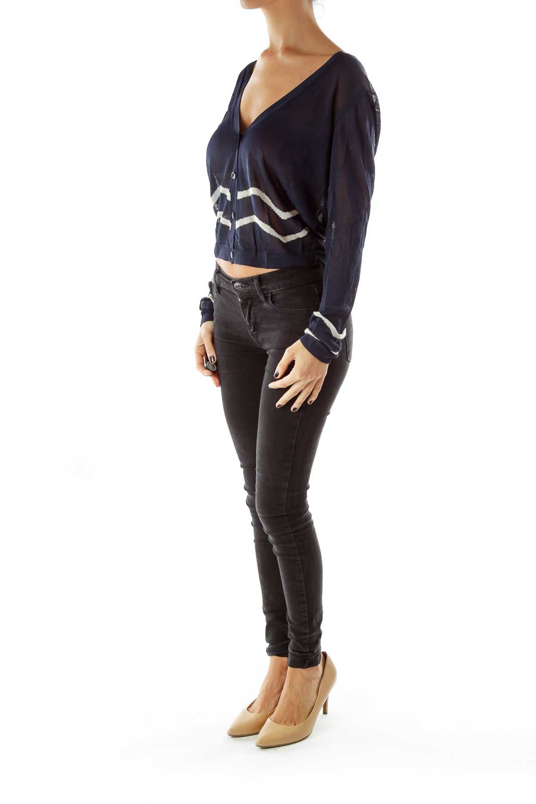 Navy White Striped See-Through Cardigan