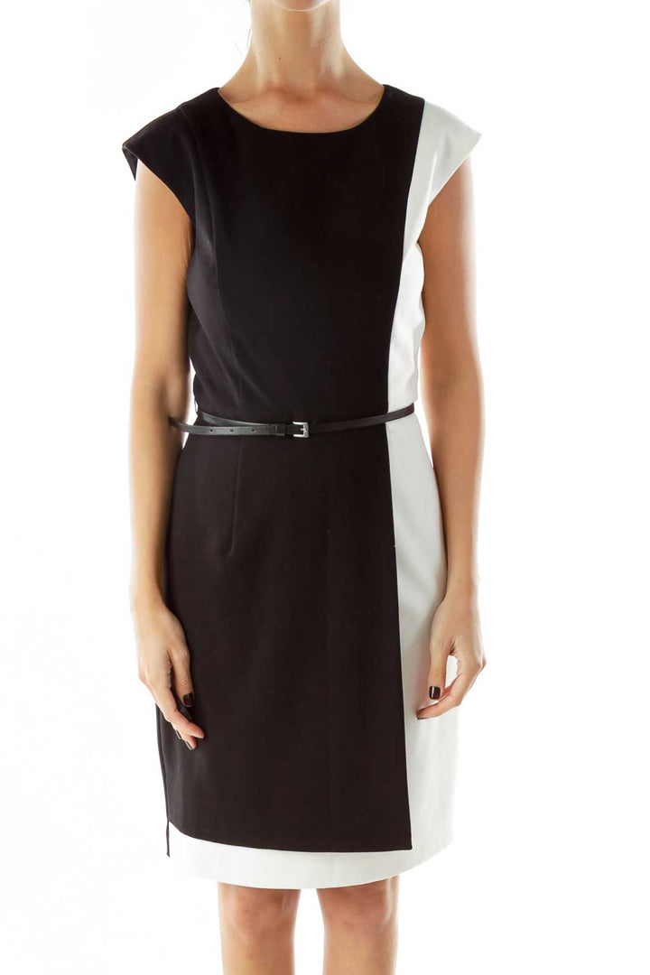 Black White Color Block Belted Dress