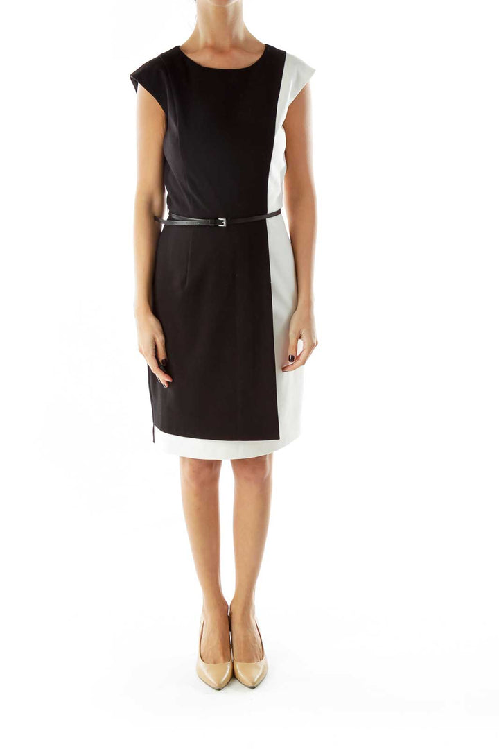 Black White Color Block Belted Dress