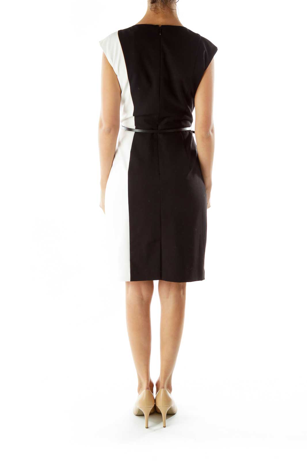 Black White Color Block Belted Dress