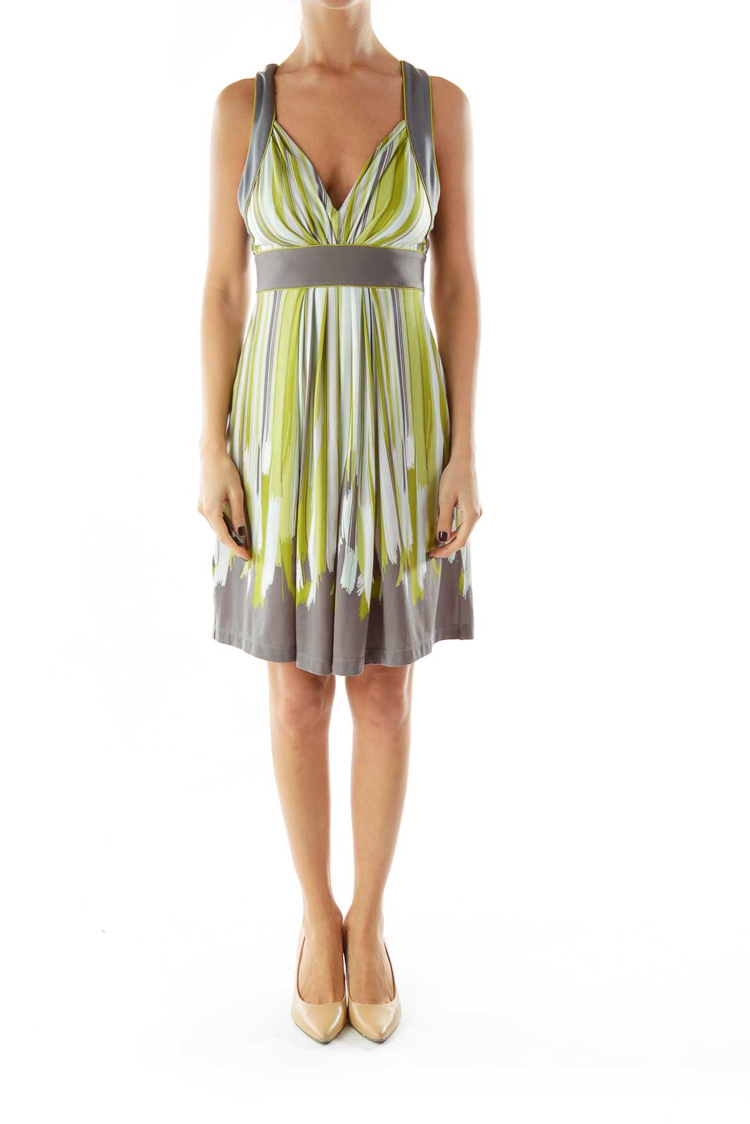 Green Gray Striped V-neck Day Dress