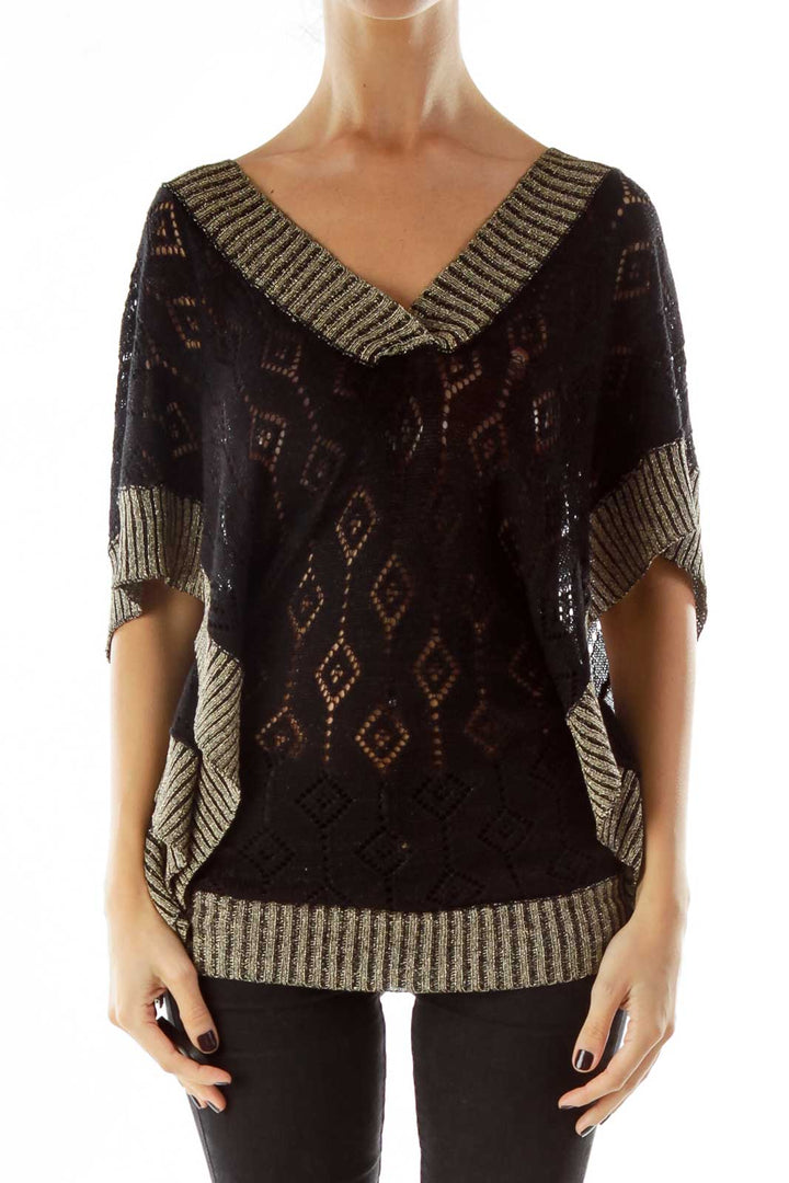 Black Gold Shimmer V-Neck Knit Top