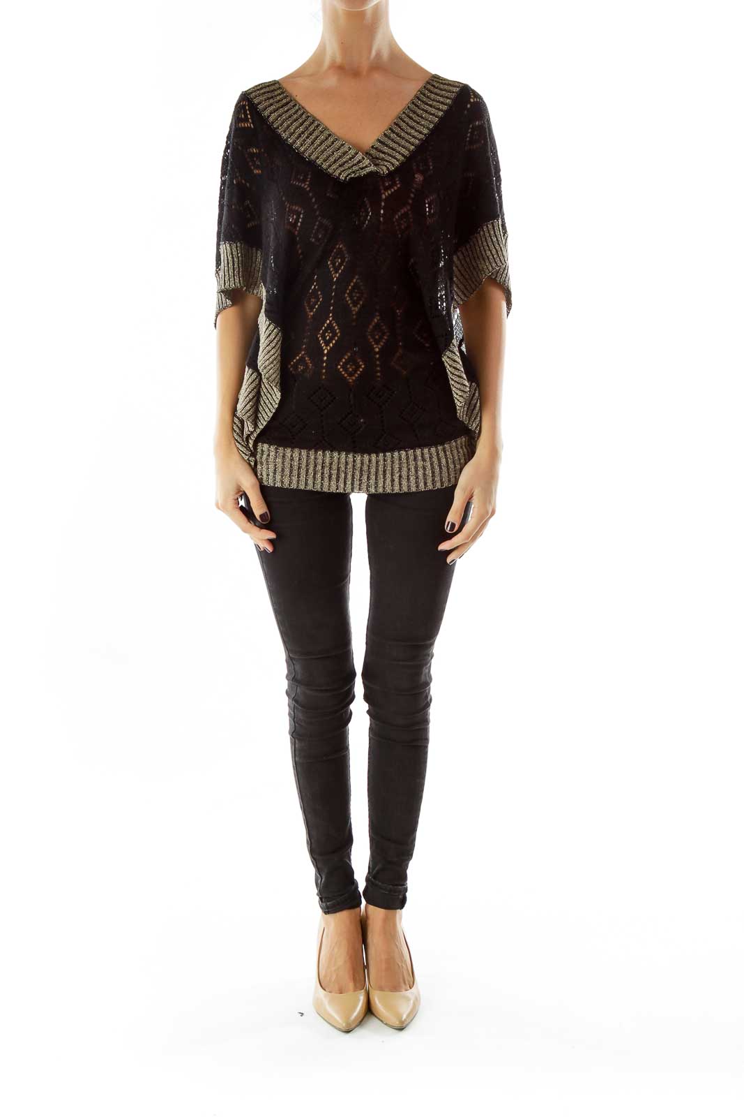 Black Gold Shimmer V-Neck Knit Top