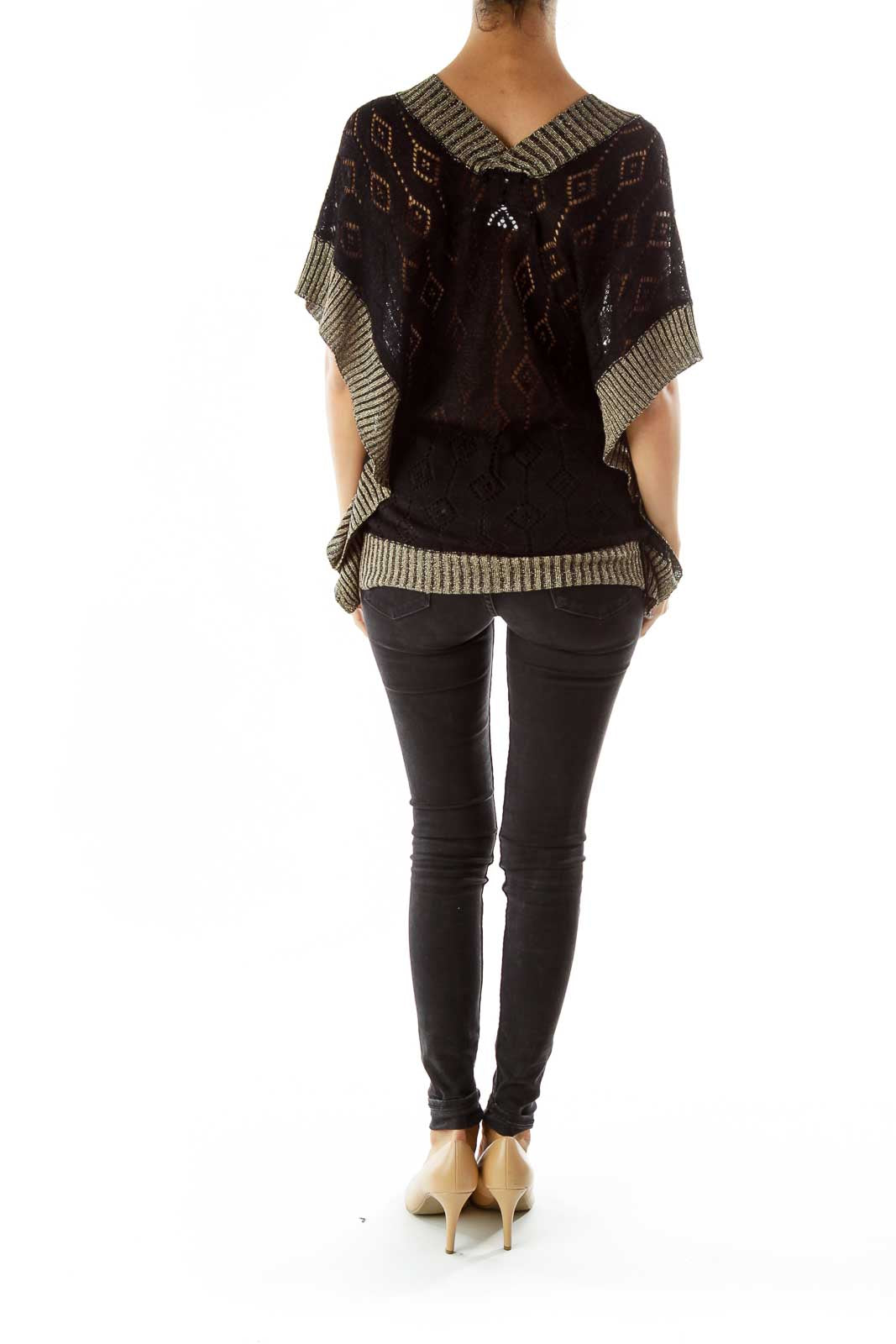 Black Gold Shimmer V-Neck Knit Top