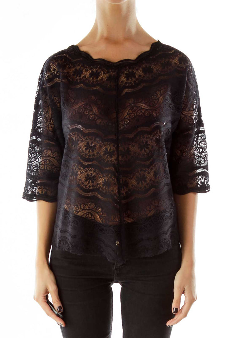 Front view of Free People black lace sheer overlay top with scalloped neckline