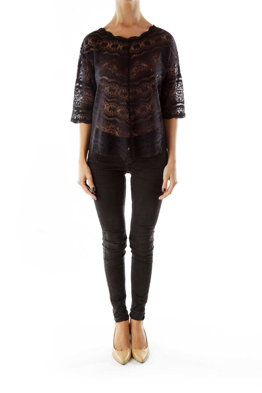 Front view of Free People black lace sheer overlay top with scalloped neckline