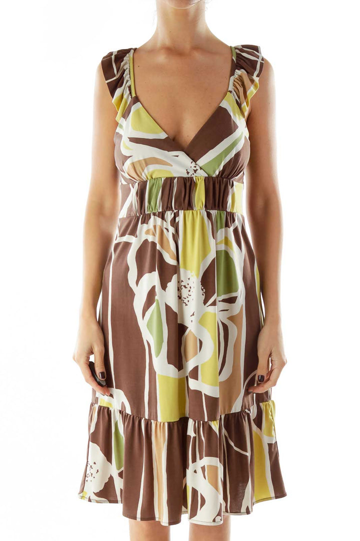 Brown Green Beige Ruffled Sleeveless Print Dress