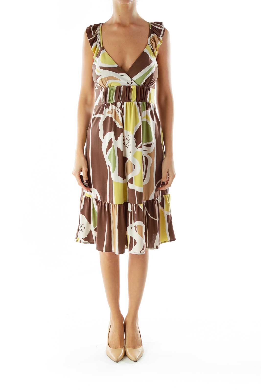 Brown Green Beige Ruffled Sleeveless Print Dress